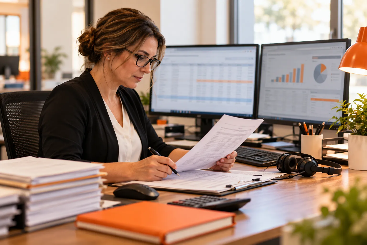 A medical billing specialist reviewing a claim at a desk, with billing reports on two monitors